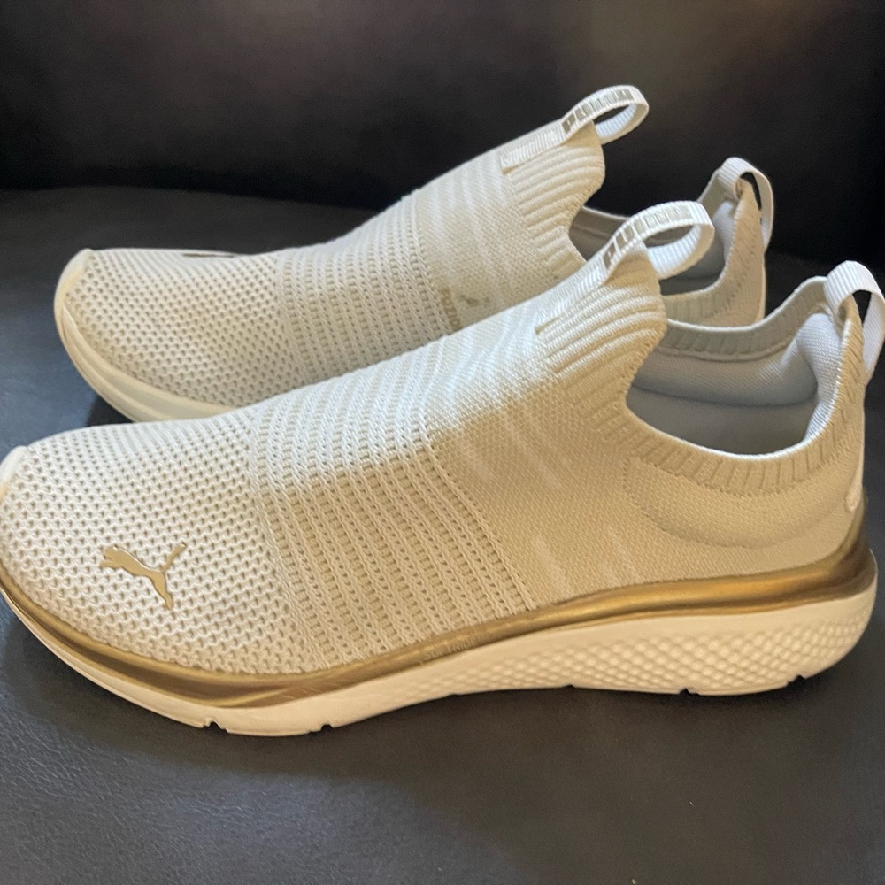 Puma White and Gold Slip-On Sneakers with Knit Upper